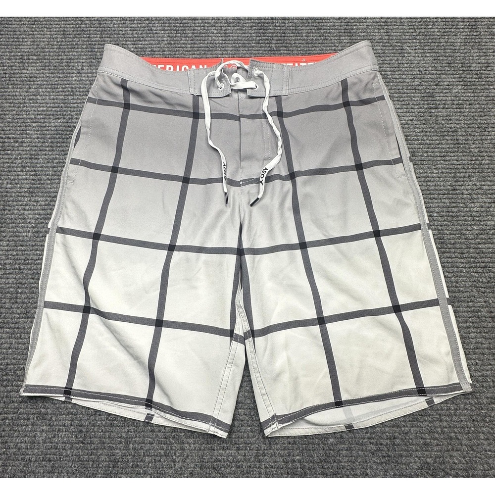 American Eagle Outfitters Shorts Mens Medium Gray Plaid Board Swim Trunks AEO